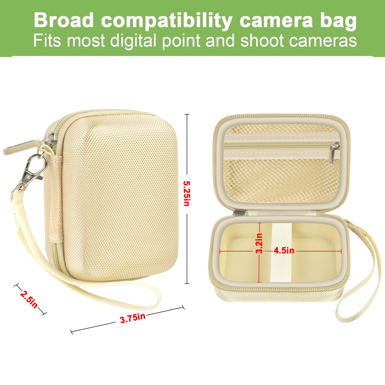 Beige protective digital camera case compatibility and interior dimensions overview