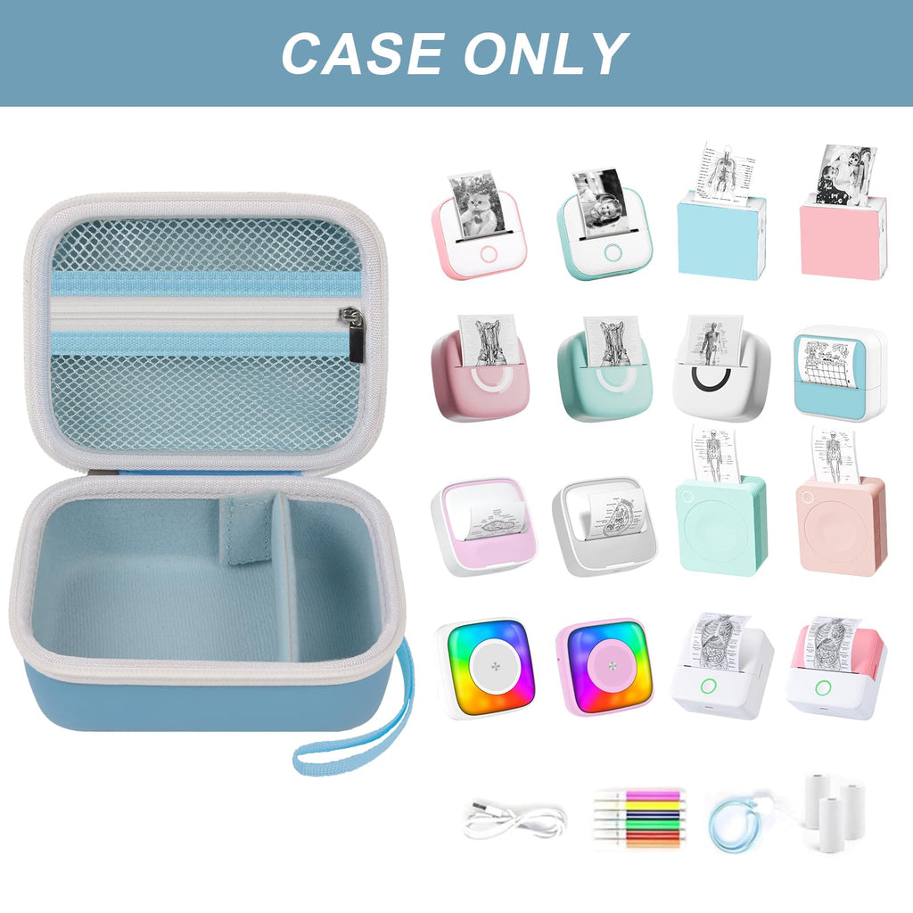 Open blue mini label printer case shown with compatible Memoking and Phomemo printers; case only