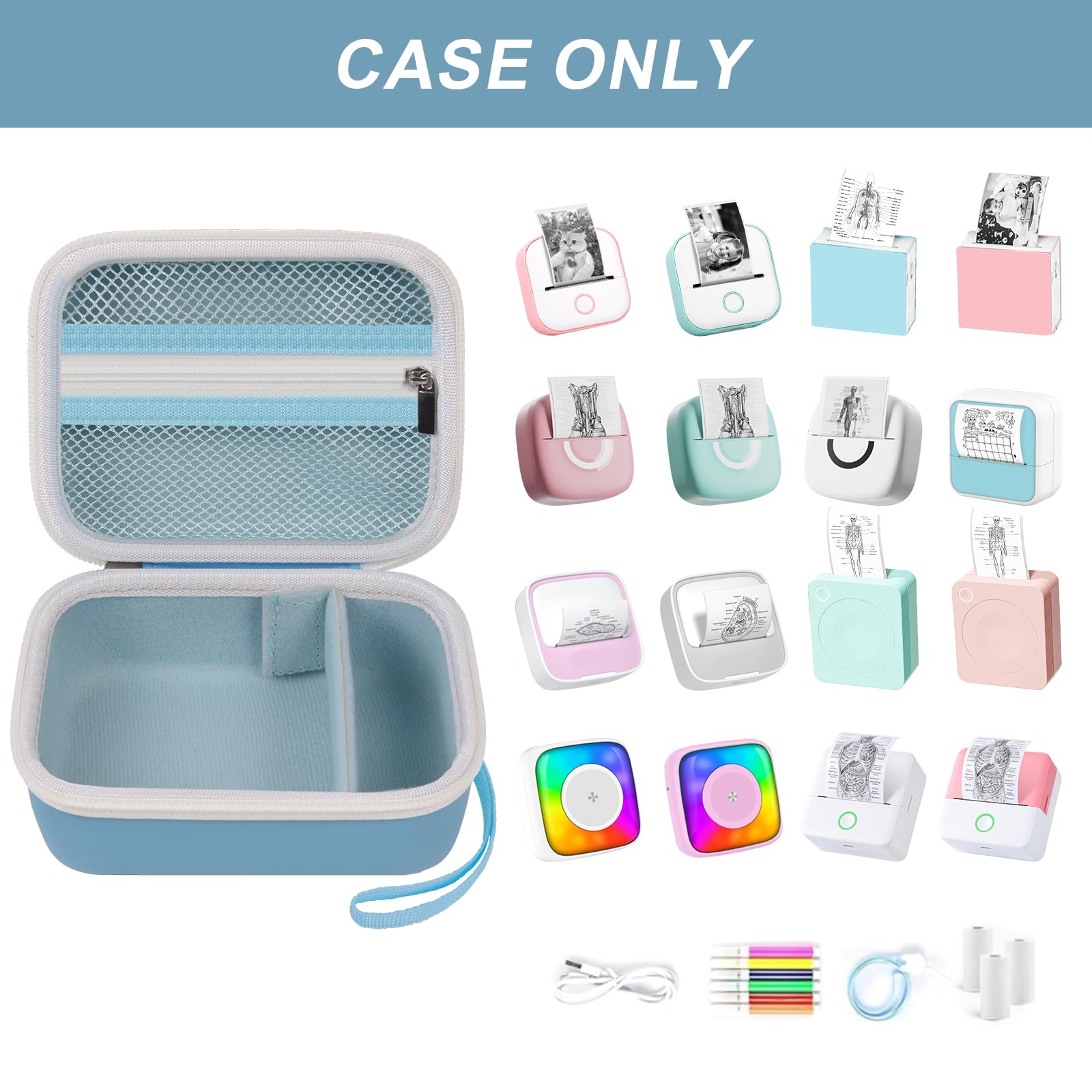 Open blue mini label printer case shown with compatible Memoking and Phomemo printers; case only