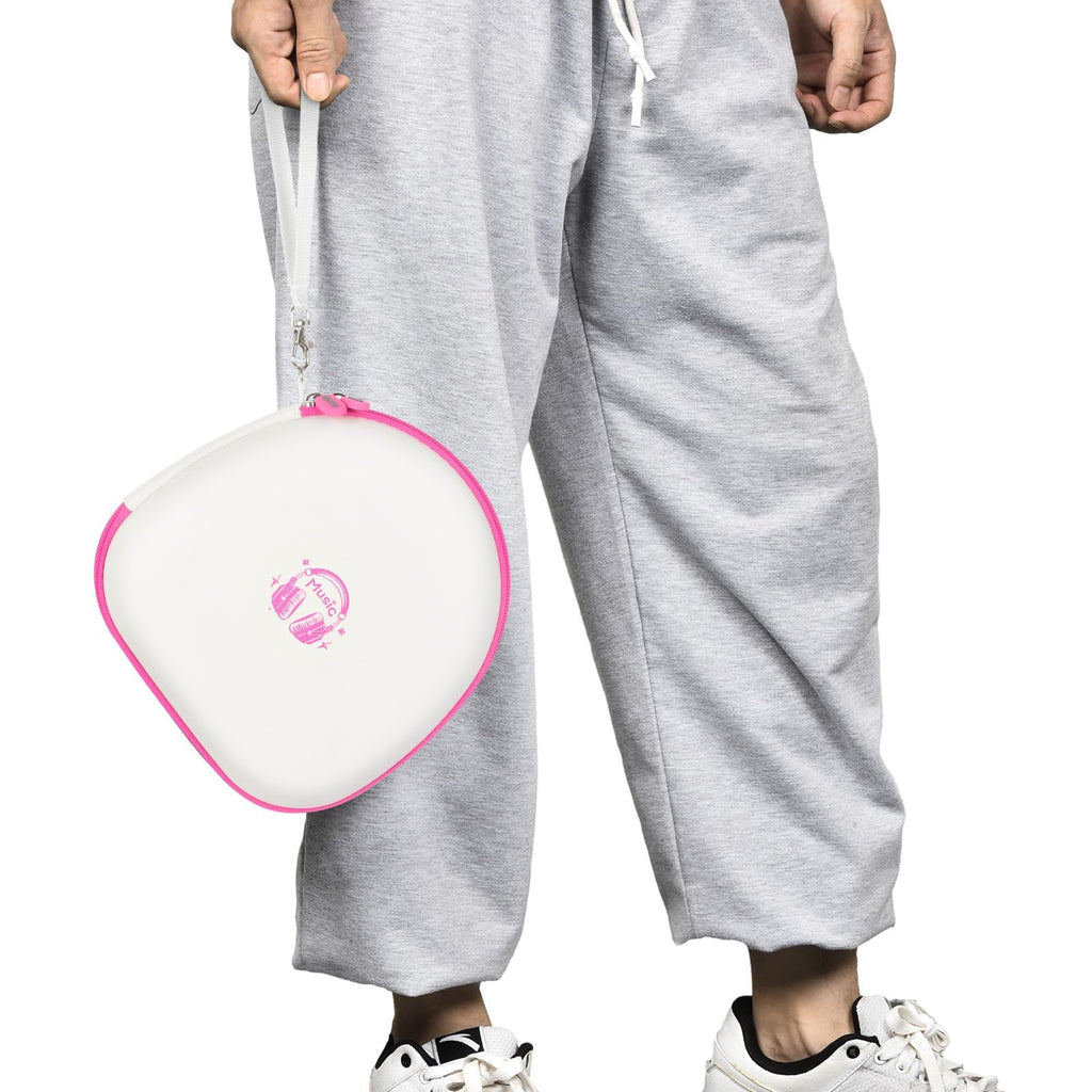 Person carrying the white with pink trim headphone case by its wrist strap
