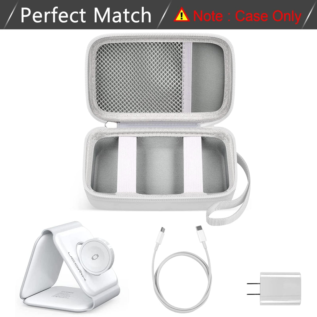Open white travel case fitted for a foldable 3-in-1 magnetic charging station; case only