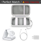 Open white travel case fitted for a foldable 3-in-1 magnetic charging station; case only