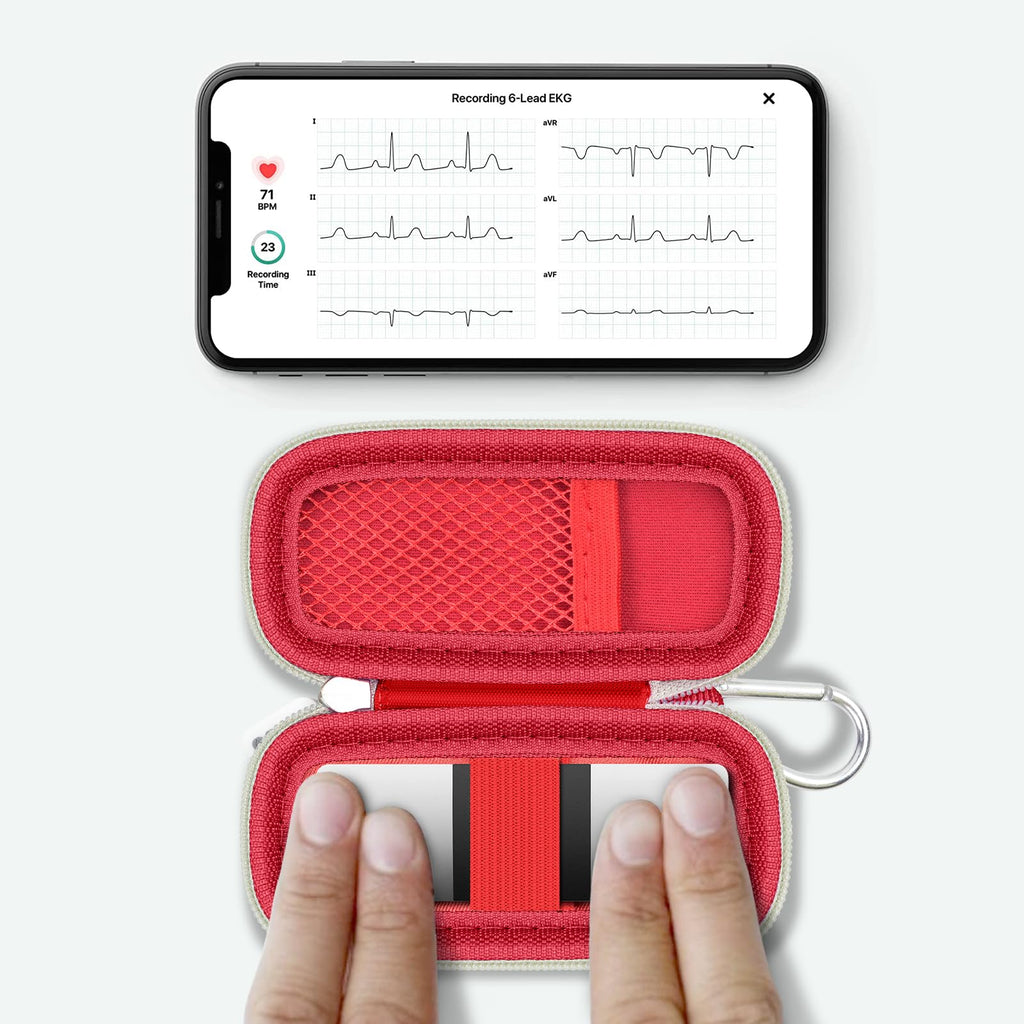 KardiaMobile 6L device used inside the open red travel case without removal