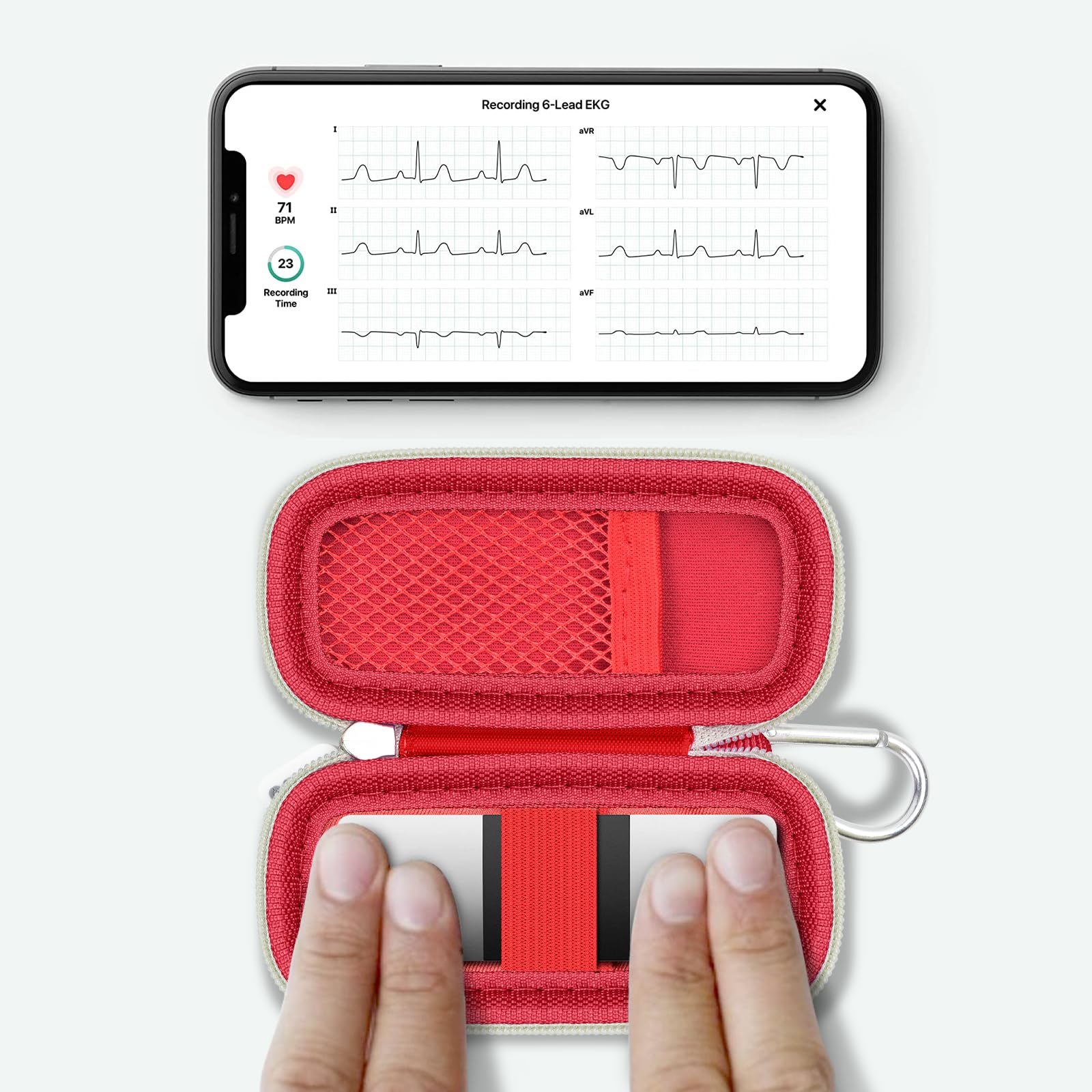 KardiaMobile 6L device used inside the open red travel case without removal