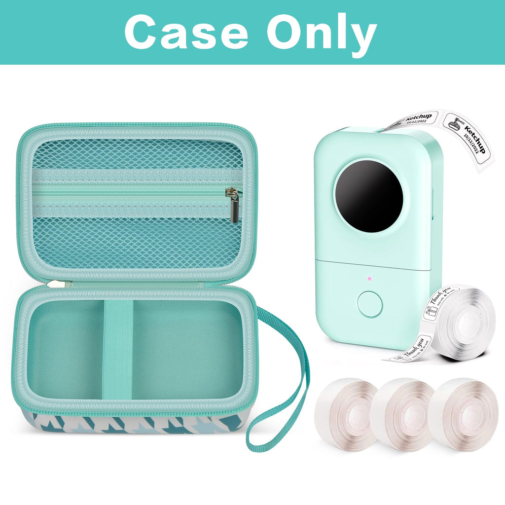 Open teal label maker case with mesh pocket and divided interior; case only