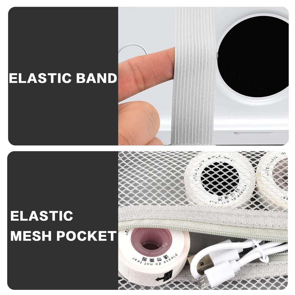 Black case interior with elastic printer strap and mesh accessory pocket