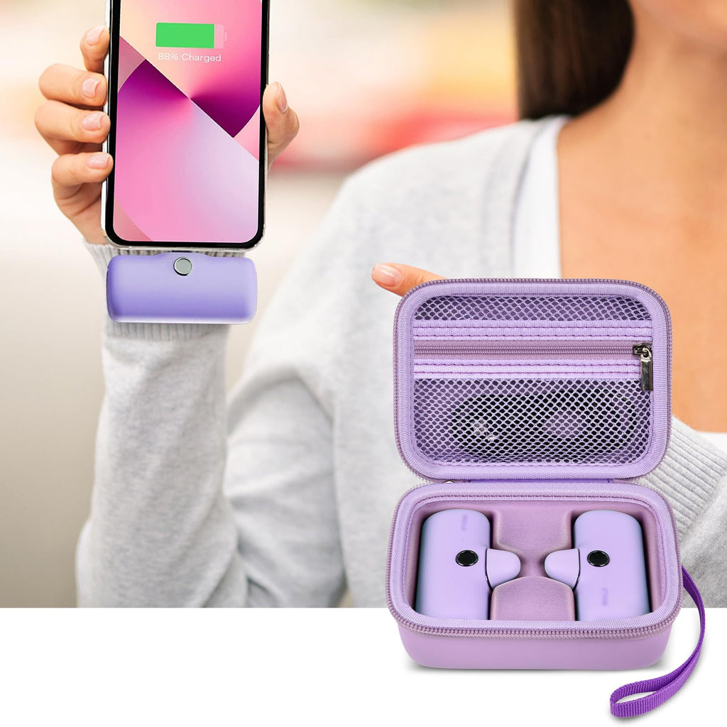 Open lavender case organizing a mini power bank and cable beside a charging phone