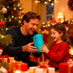 Father and daughter holding the teal 3D printing pen case during a holiday activity