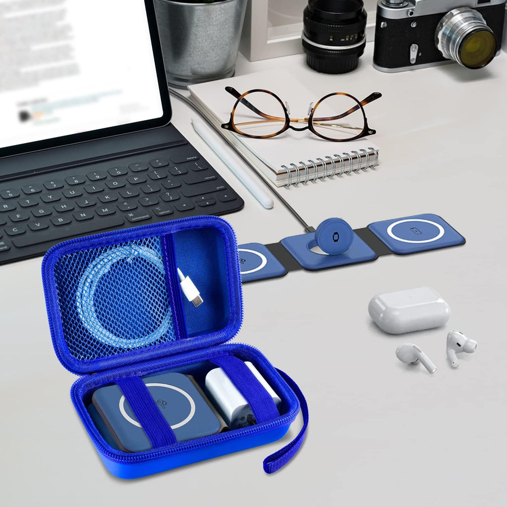 Open blue case organizing a foldable magnetic charger, cable, and adapter on a desk