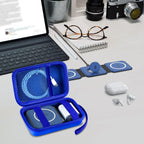 Open blue case organizing a foldable magnetic charger, cable, and adapter on a desk