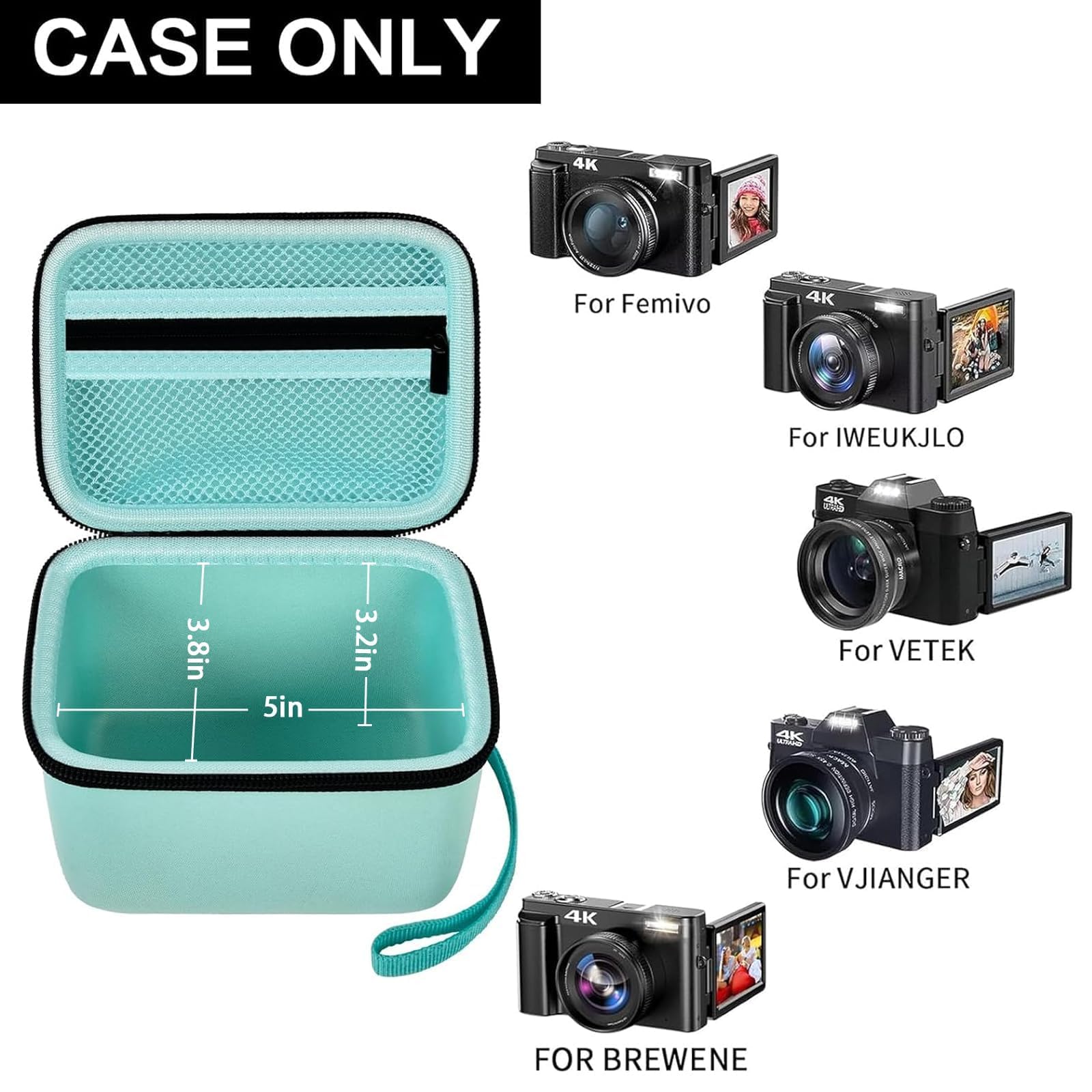 Open mint green vlogging camera case with mesh pocket and adjustable interior; case only