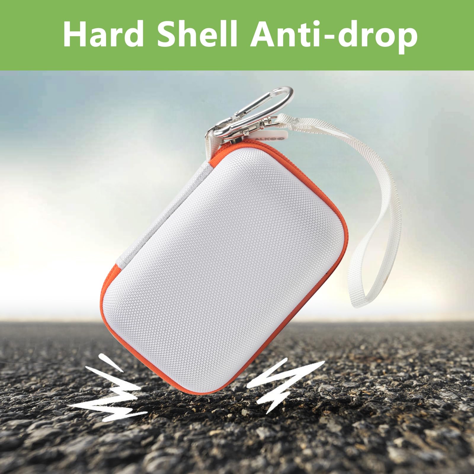 White and orange hard-shell JBL Go speaker case demonstrating anti-drop protection