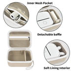 Beige label maker case interior with mesh pocket, removable divider, and soft lining