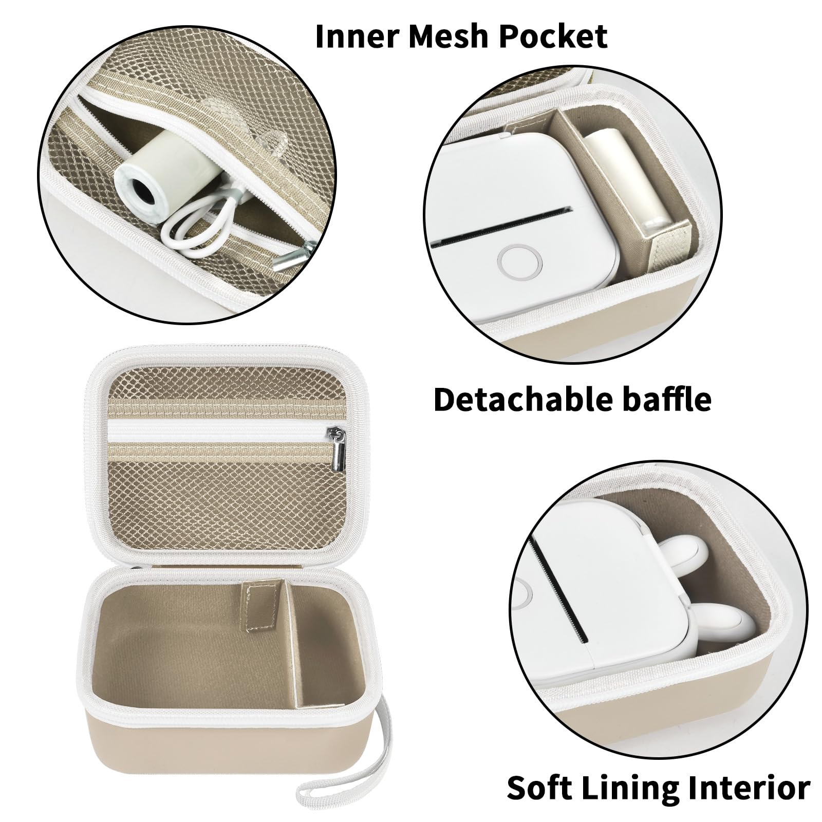 Beige label maker case interior with mesh pocket, removable divider, and soft lining