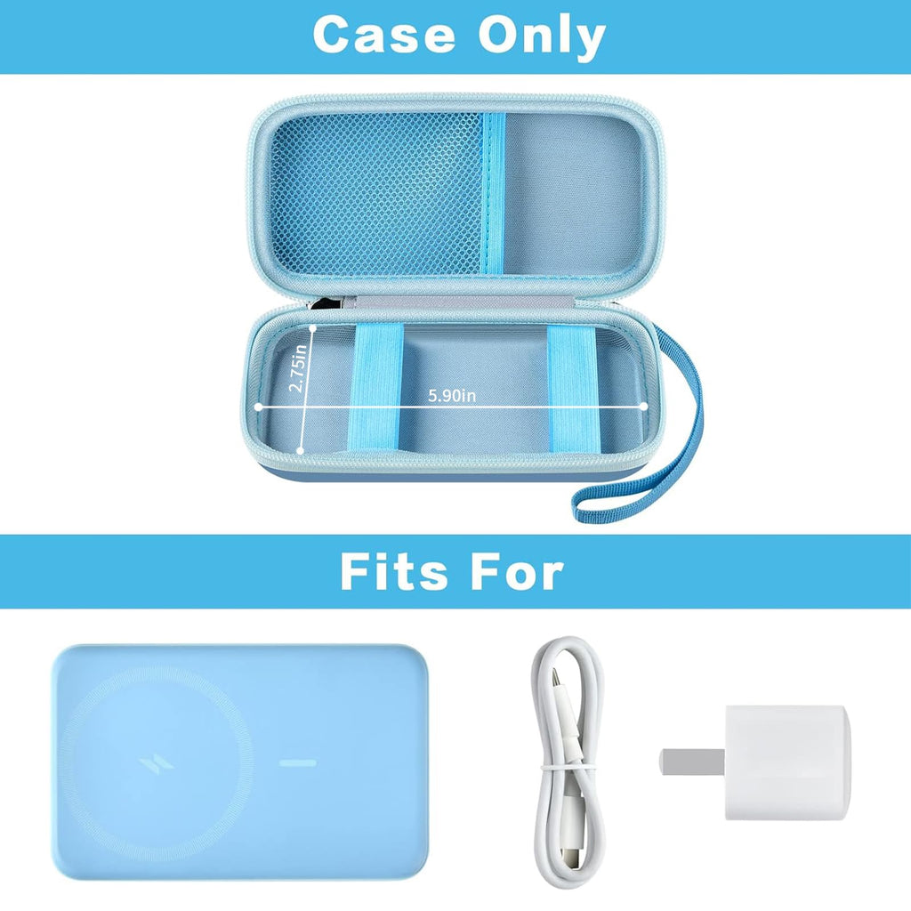 Open blue MagSafe power bank case with mesh pocket and elastic retaining straps; case only