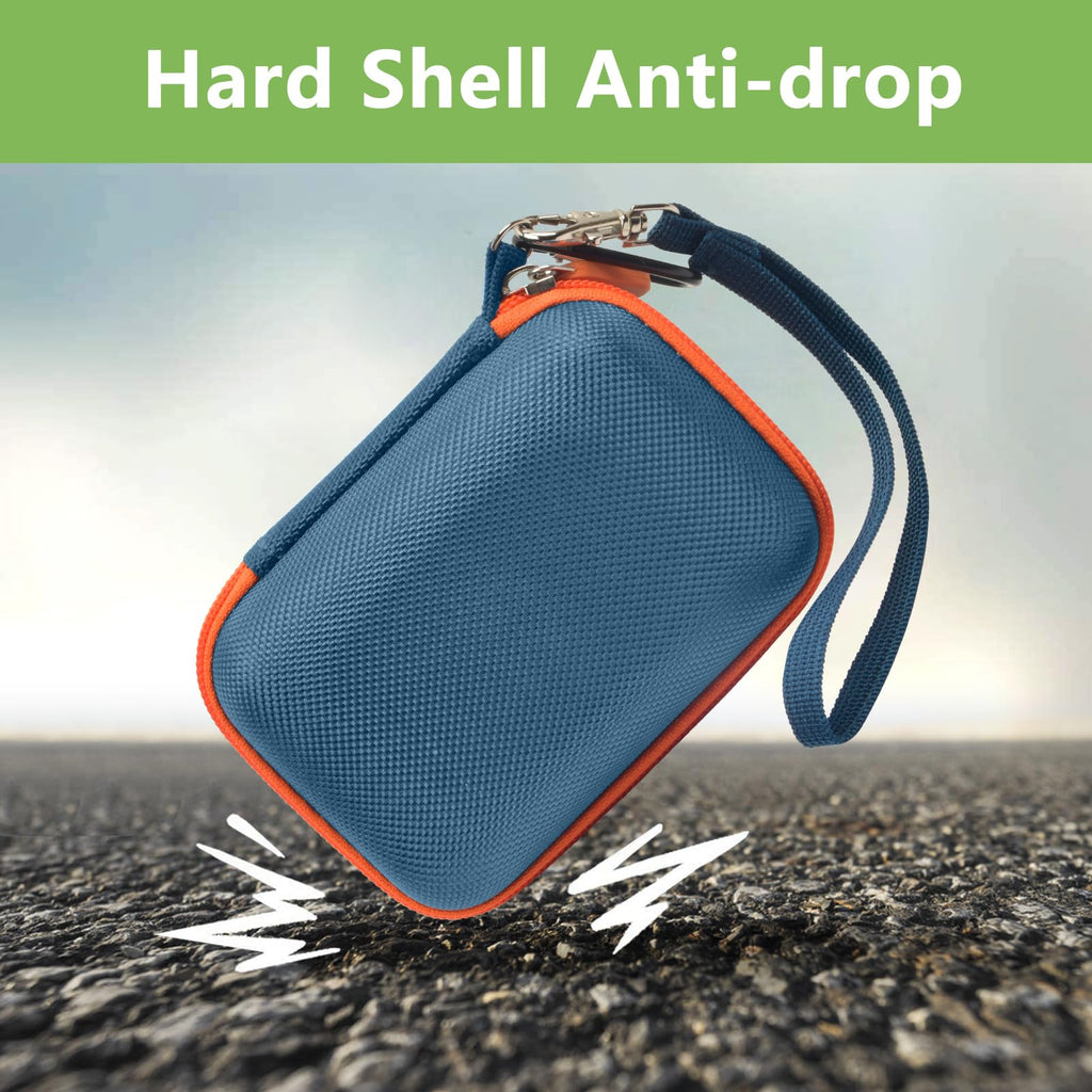 Blue and orange hard-shell JBL Go speaker case demonstrating anti-drop protection