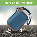 Blue and orange hard-shell JBL Go speaker case demonstrating anti-drop protection
