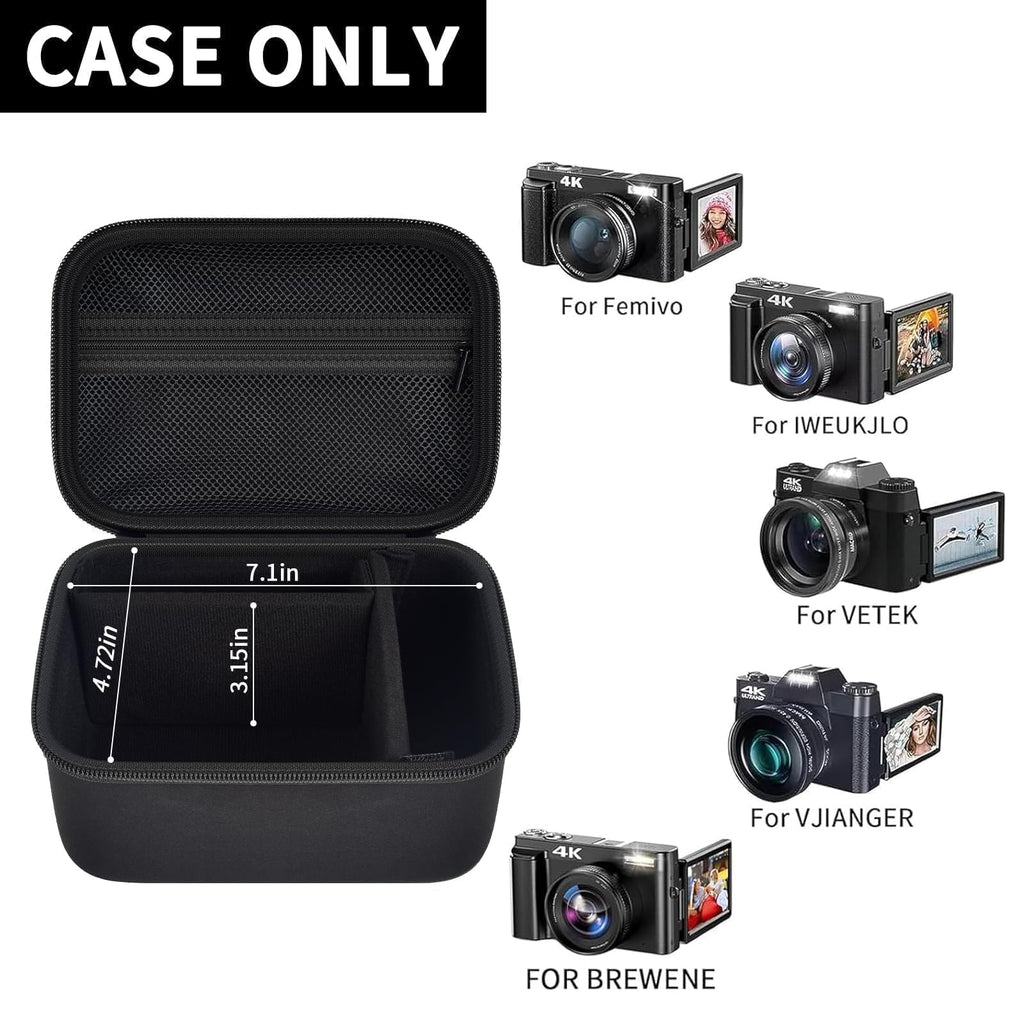Open black vlogging camera case with mesh pocket and adjustable interior; case only