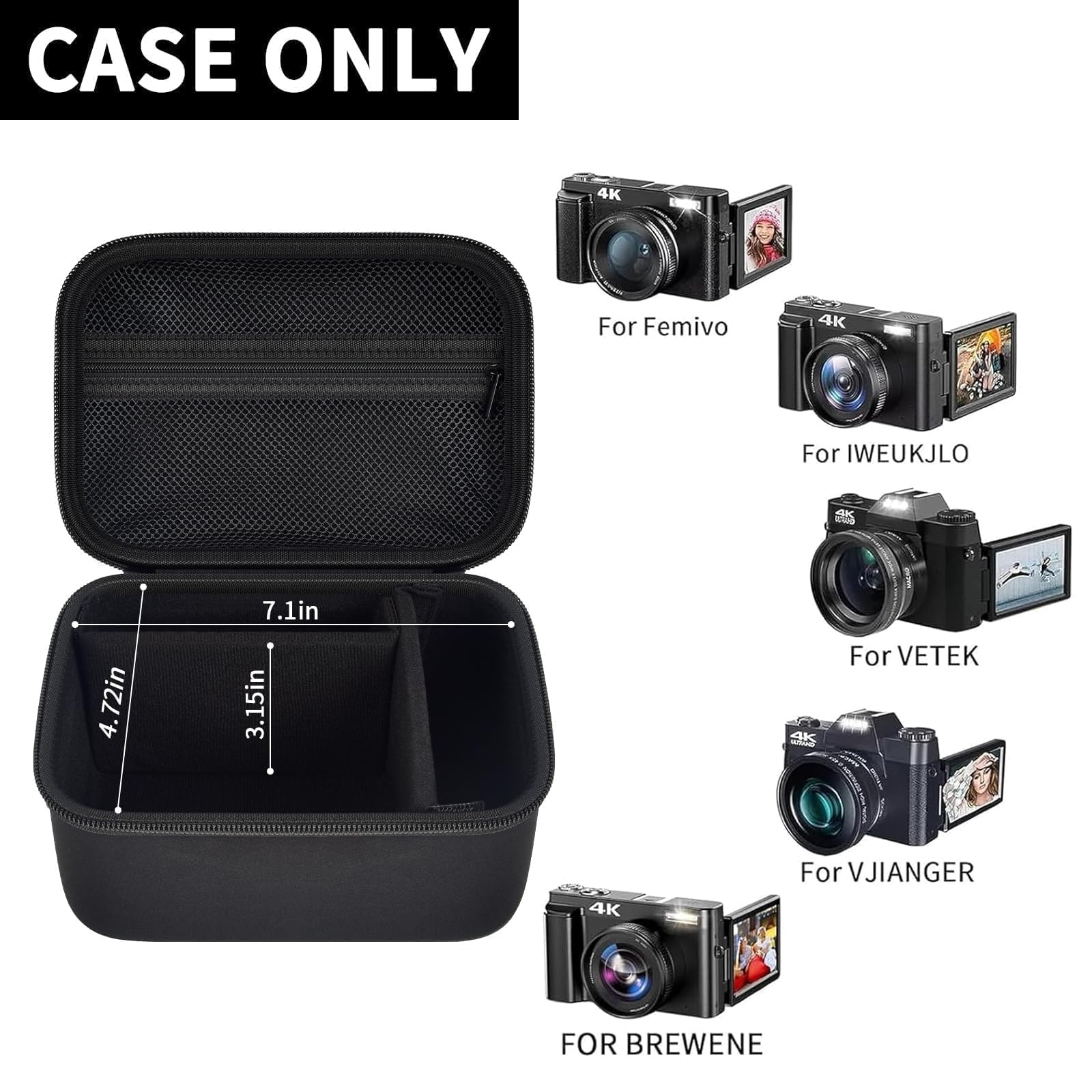 Open black vlogging camera case with mesh pocket and adjustable interior; case only