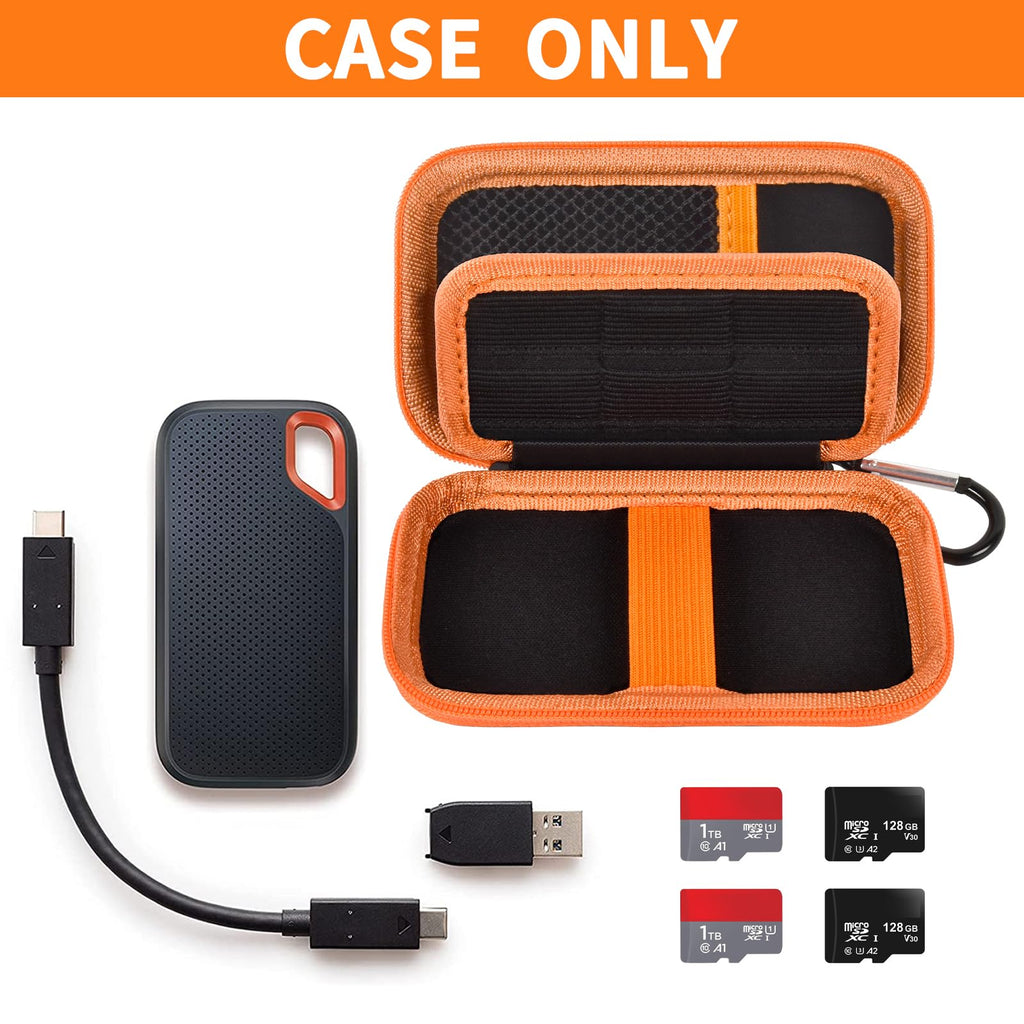 Open black and orange SanDisk SSD case with cable and memory cards; case only