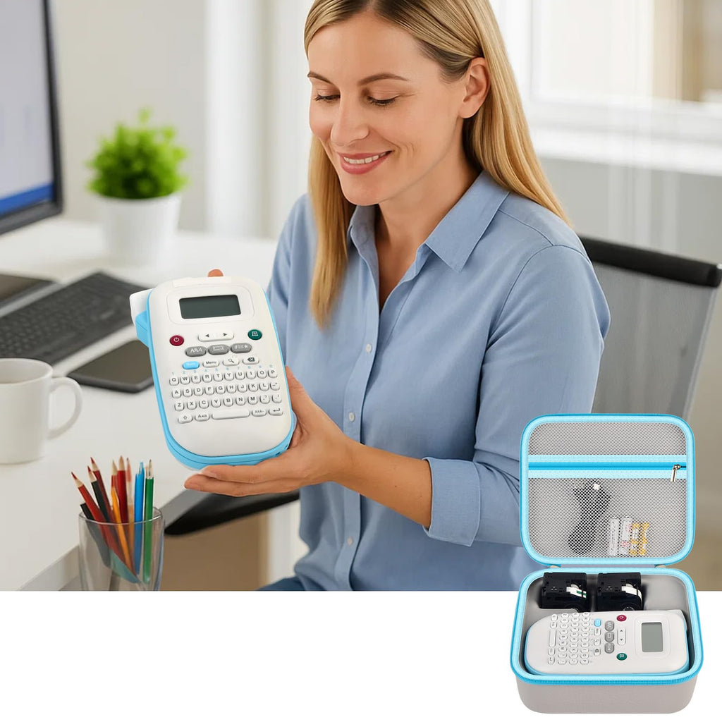Woman holding a compact label maker beside its open gray and blue case
