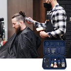 Barber using clippers beside an open blue grooming organizer case