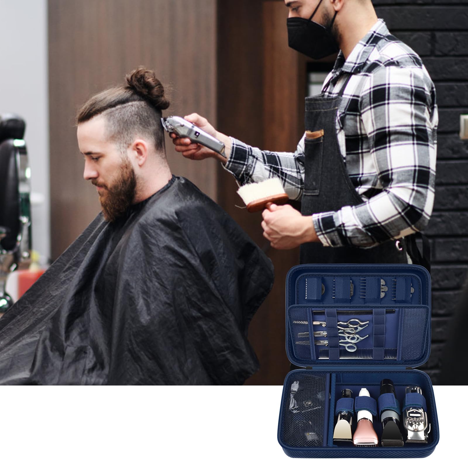 Barber using clippers beside an open blue grooming organizer case