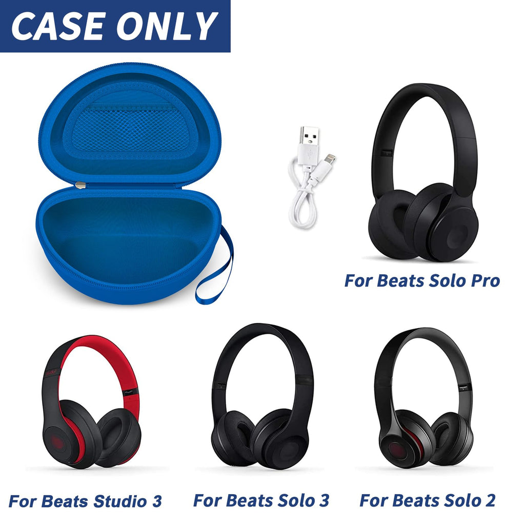 Open blue foldable headphone case shown with compatible Beats Solo and Studio headphones; case only
