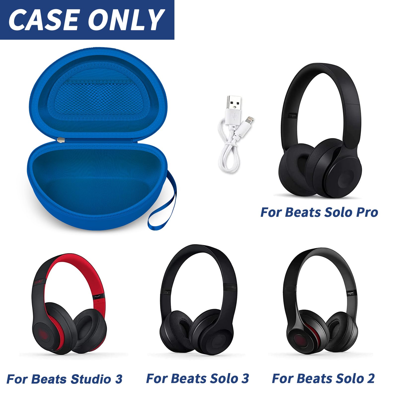 Open blue foldable headphone case shown with compatible Beats Solo and Studio headphones; case only