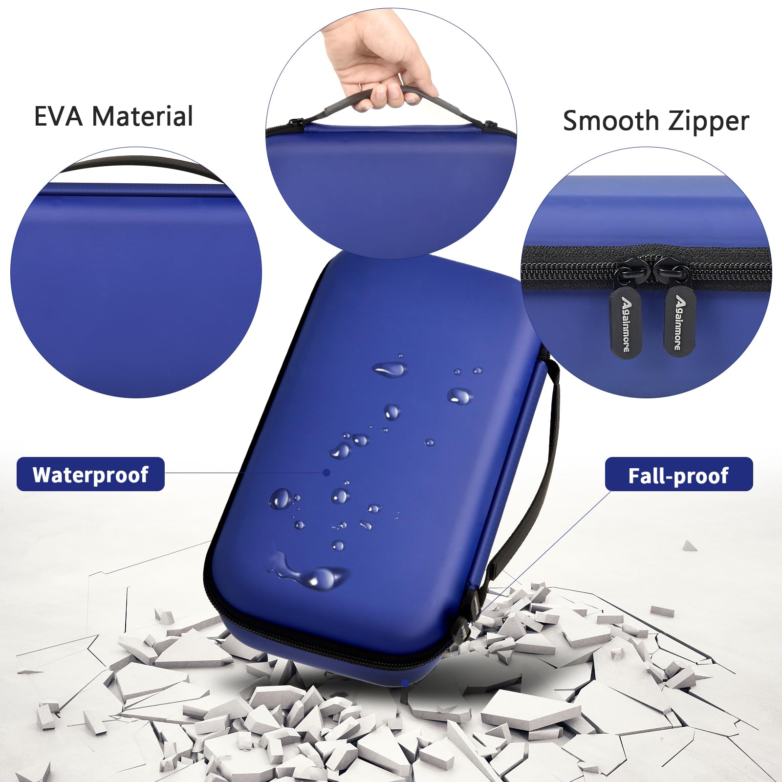 Navy microphone case with EVA shell, handle, zipper, and water-resistant protection