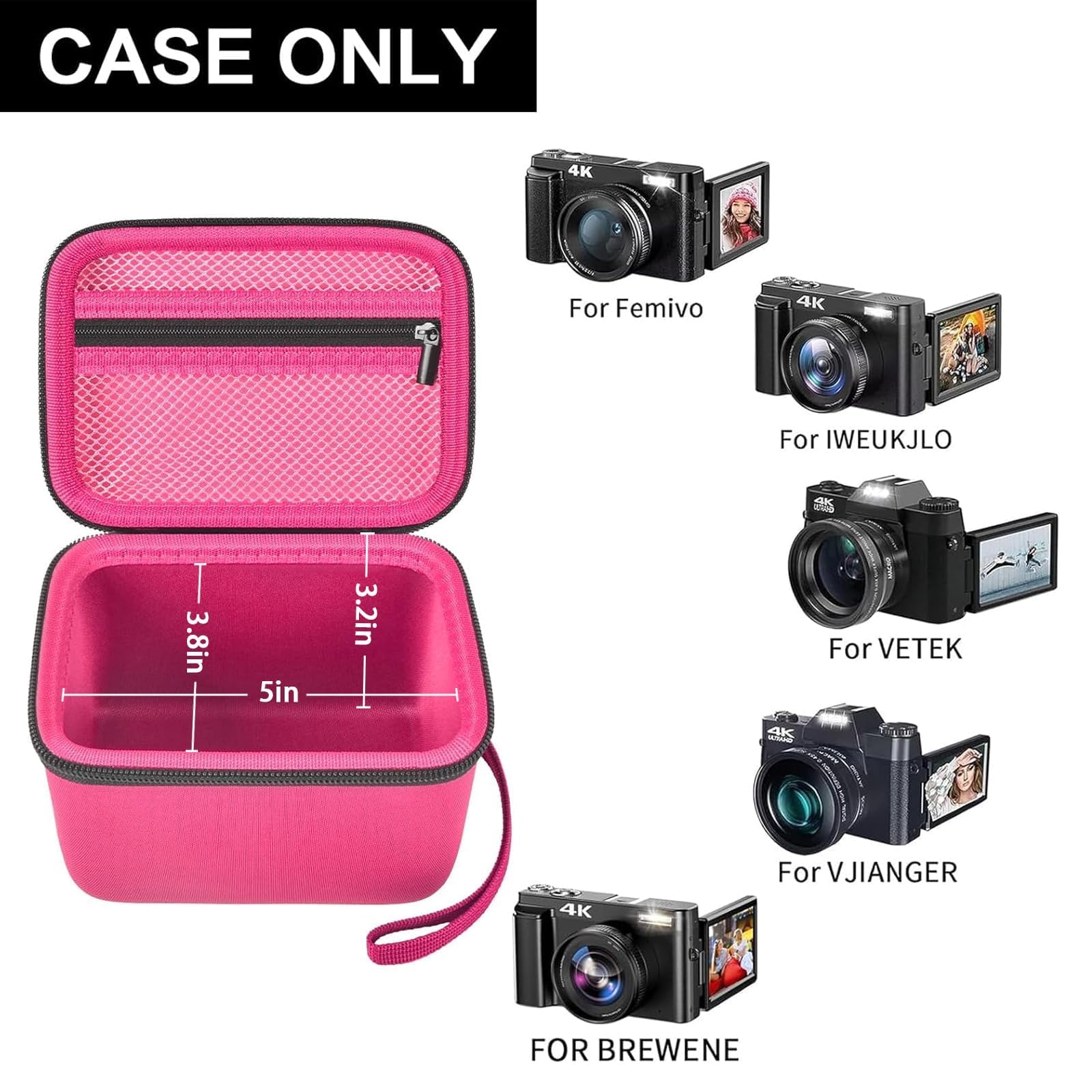 Open hot pink vlogging camera case with mesh pocket and adjustable interior; case only