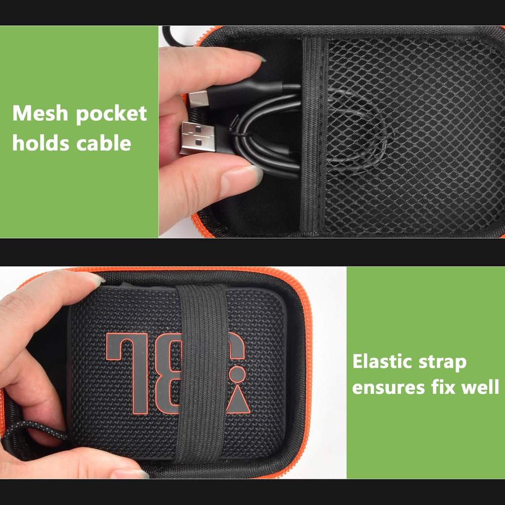 Black and orange speaker case interior with mesh cable pocket and elastic strap holding a JBL Go speaker