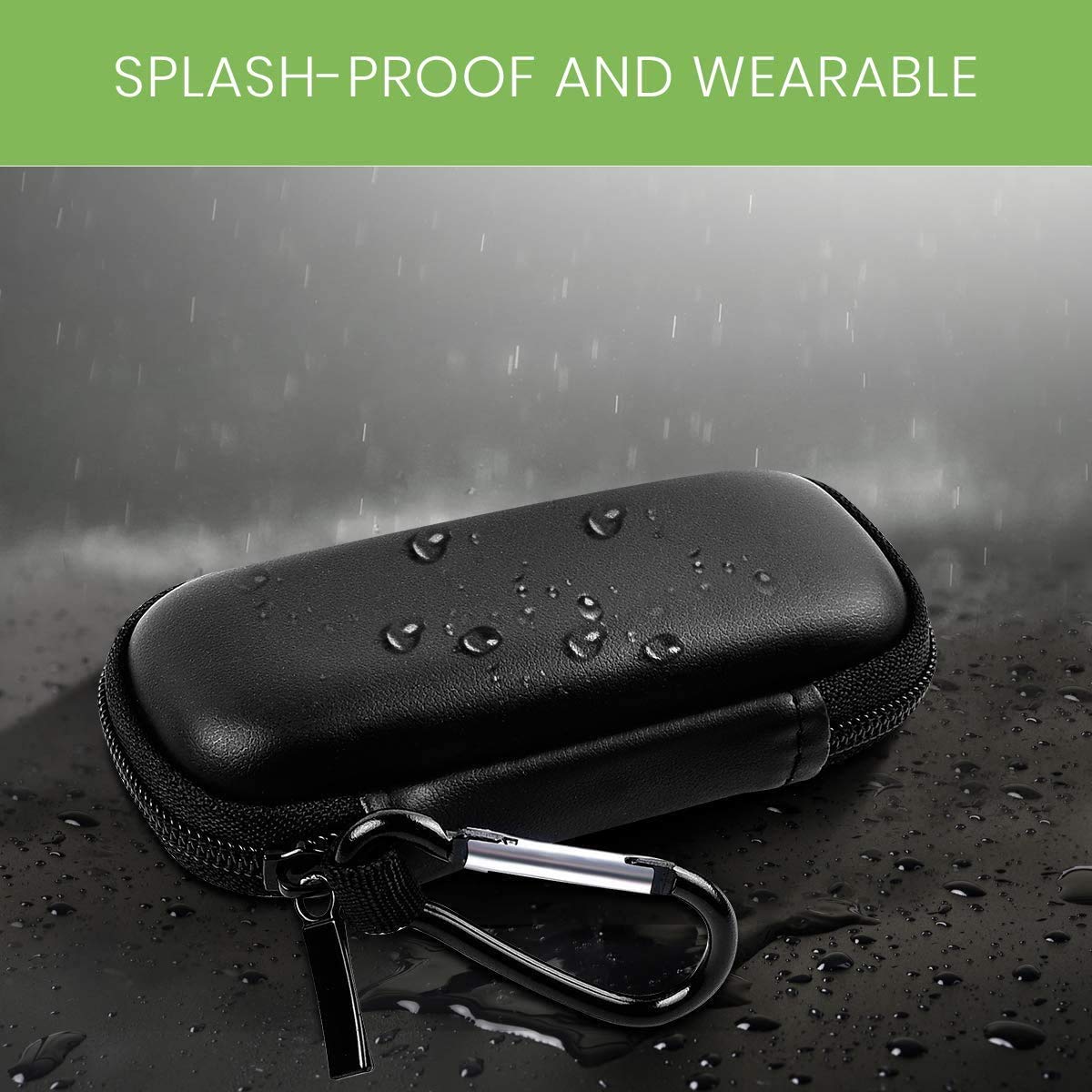 Black USB flash drive and SD card storage case splash-resistant exterior demonstration