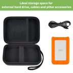 Open black hard drive case with mesh pocket, elastic strap, cable, and portable drive