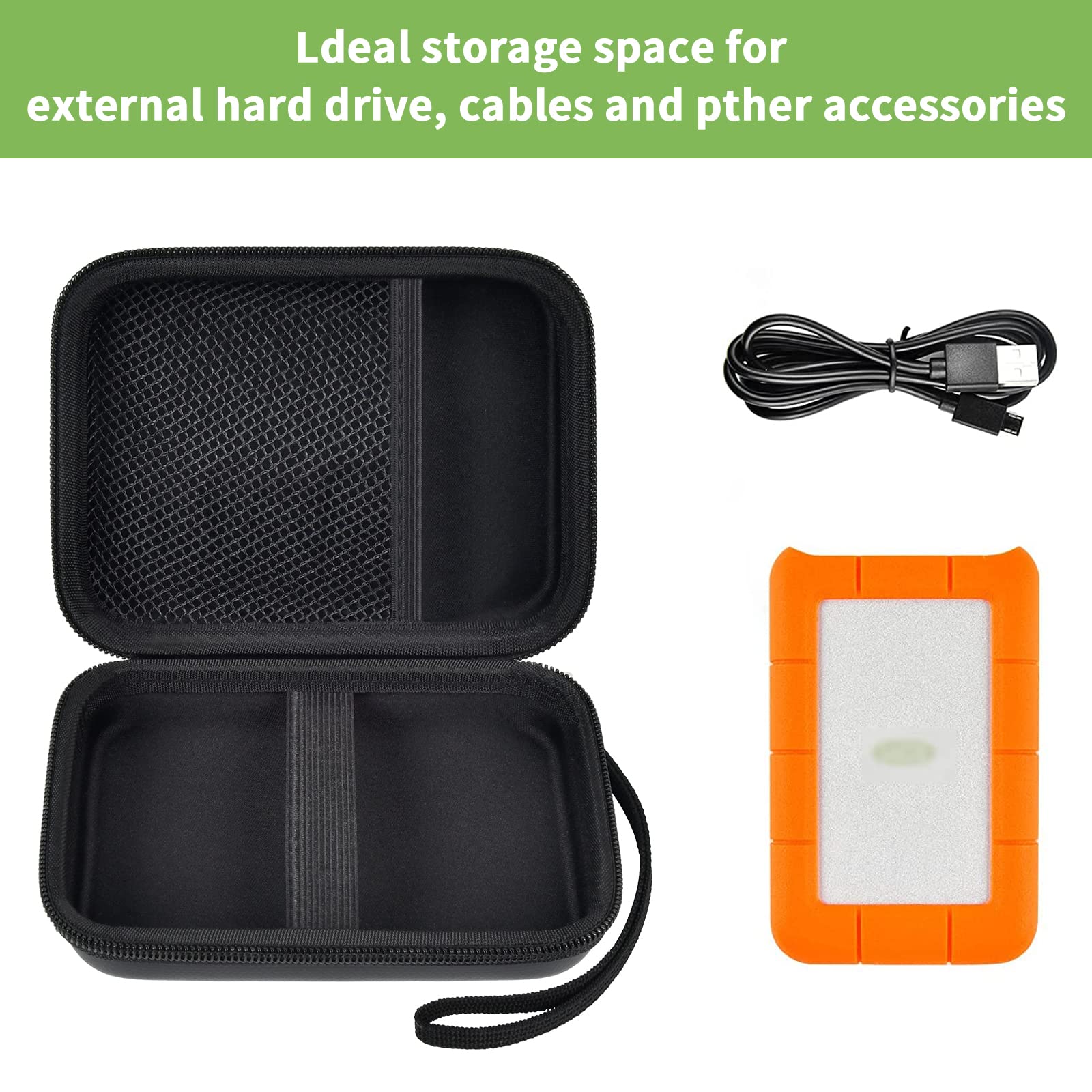 Open black hard drive case with mesh pocket, elastic strap, cable, and portable drive