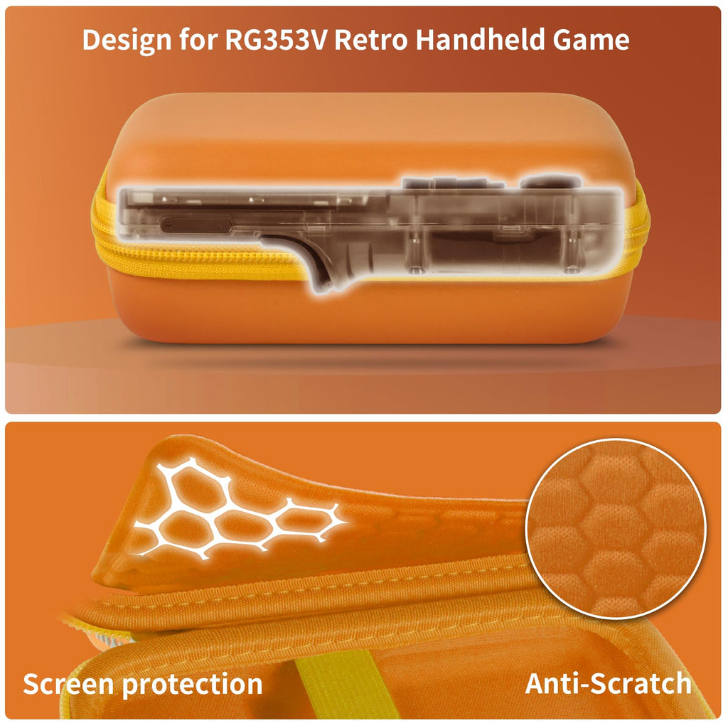 Orange retro handheld console carrying case protective molded shell and scratch-resistant lining detail