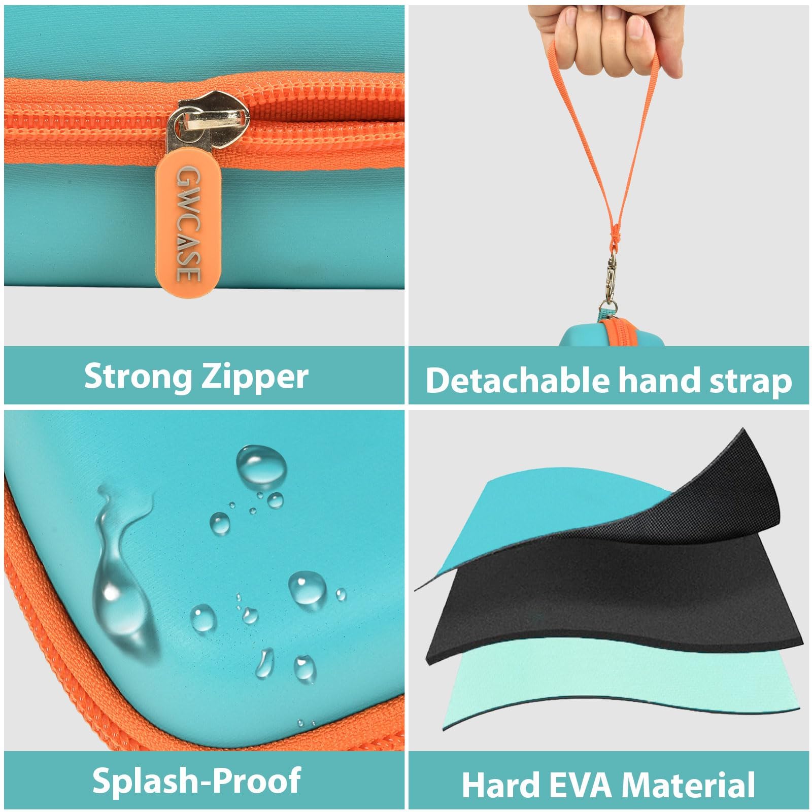Turquoise 3D pen case with strong zipper, detachable strap, splash-resistant shell, and hard EVA material