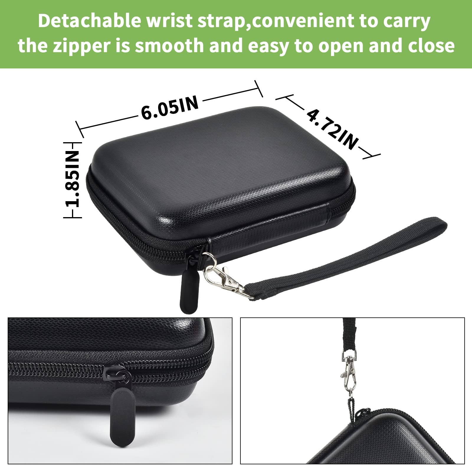 Black hard drive case dimensions with detachable wrist strap and smooth zipper