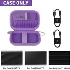 Open purple Samsung T7 and T9 portable SSD case with mesh pocket and elastic straps; case only
