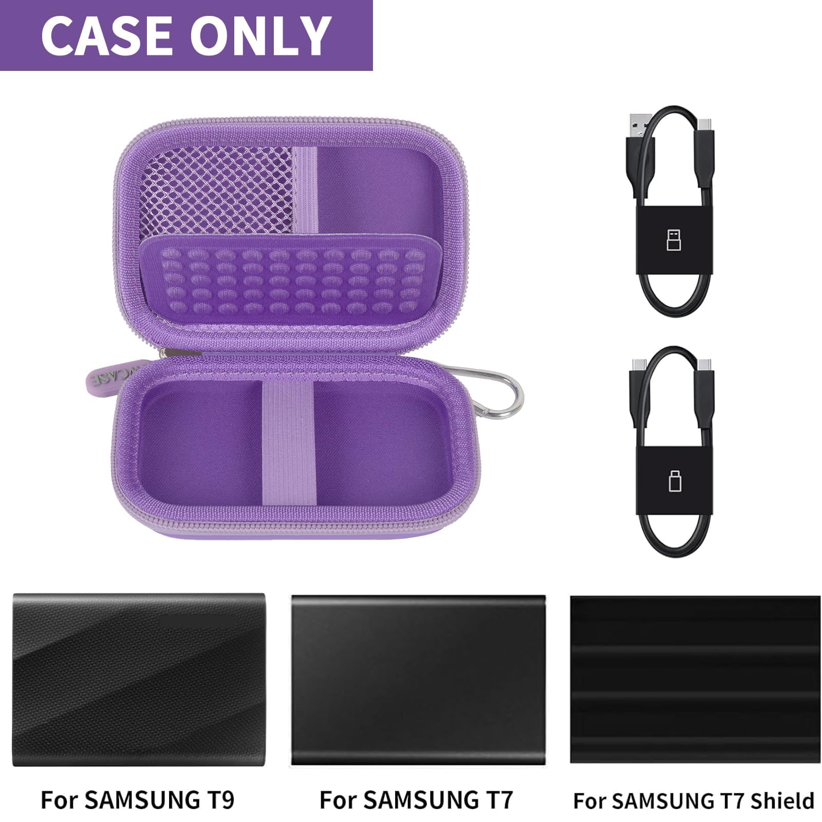 Open purple Samsung T7 and T9 portable SSD case with mesh pocket and elastic straps; case only