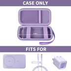 Open purple MagSafe power bank case with mesh pocket and elastic retaining straps; case only