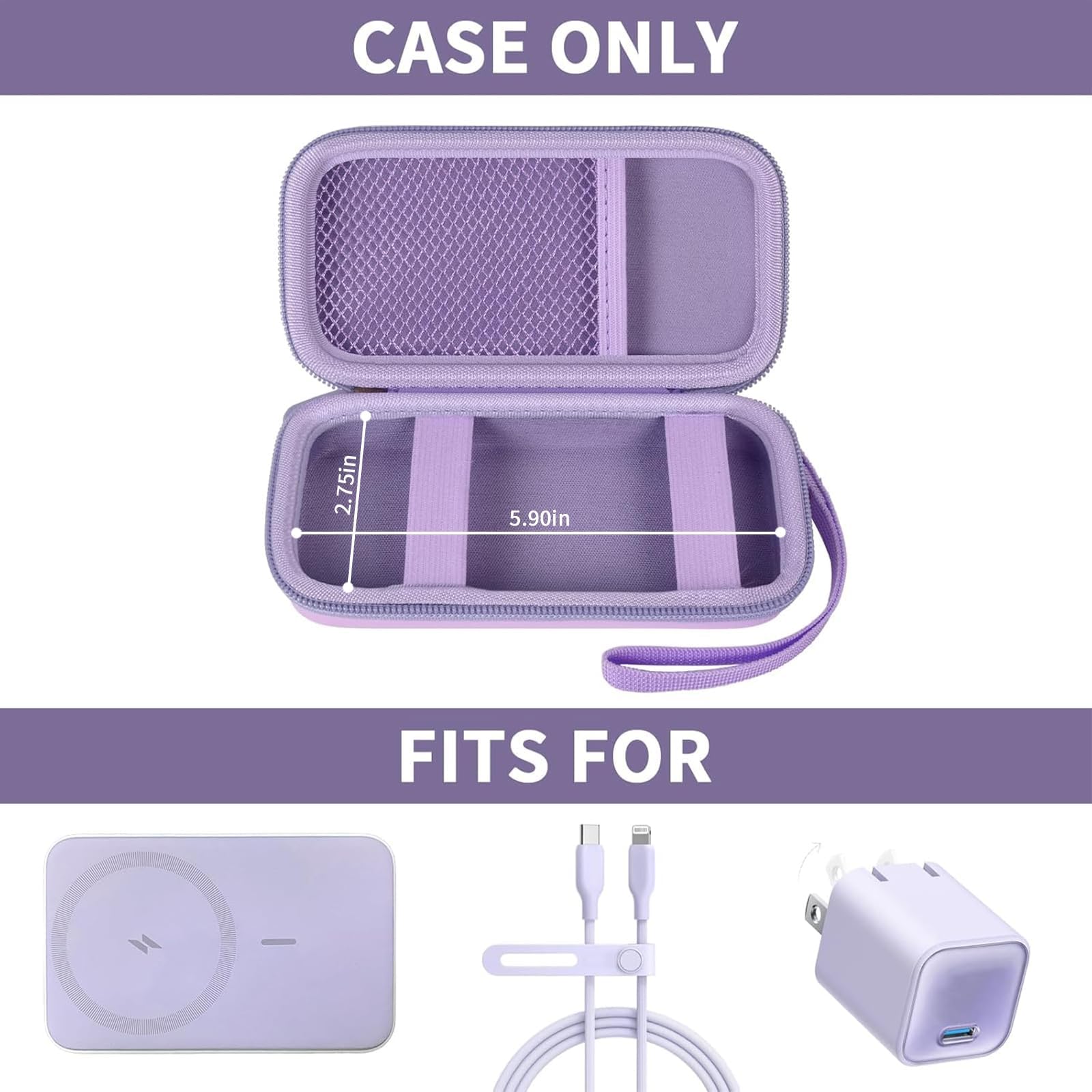 Open purple MagSafe power bank case with mesh pocket and elastic retaining straps; case only