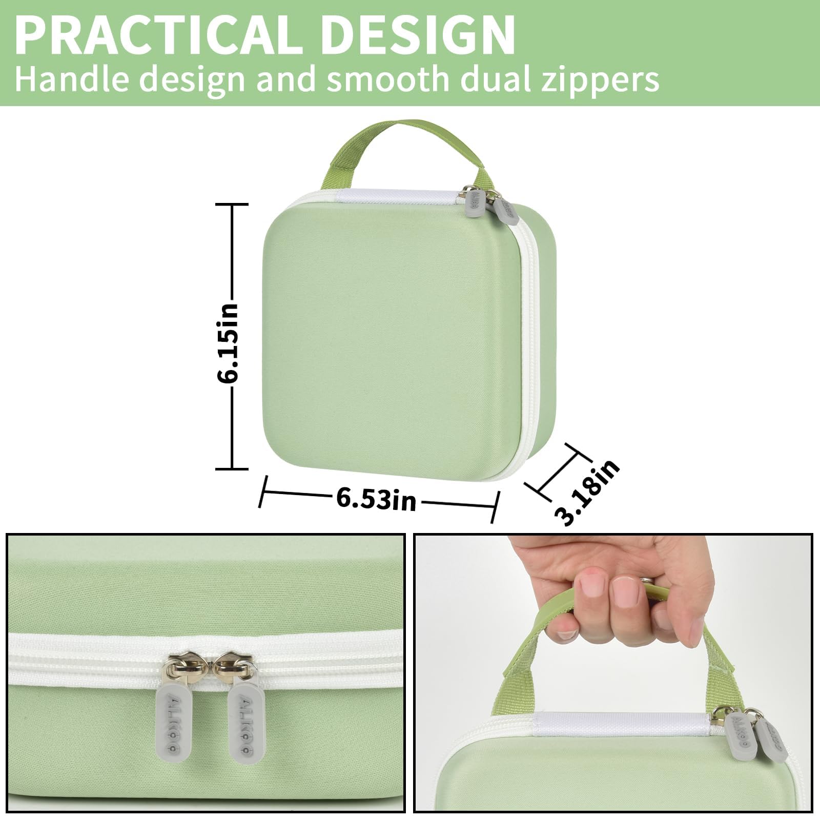 Light green NIIMBOT label maker case dimensions with handle and dual zippers