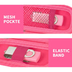 Hot pink USB flash drive and SD card storage case mesh pocket and elastic strap interior
