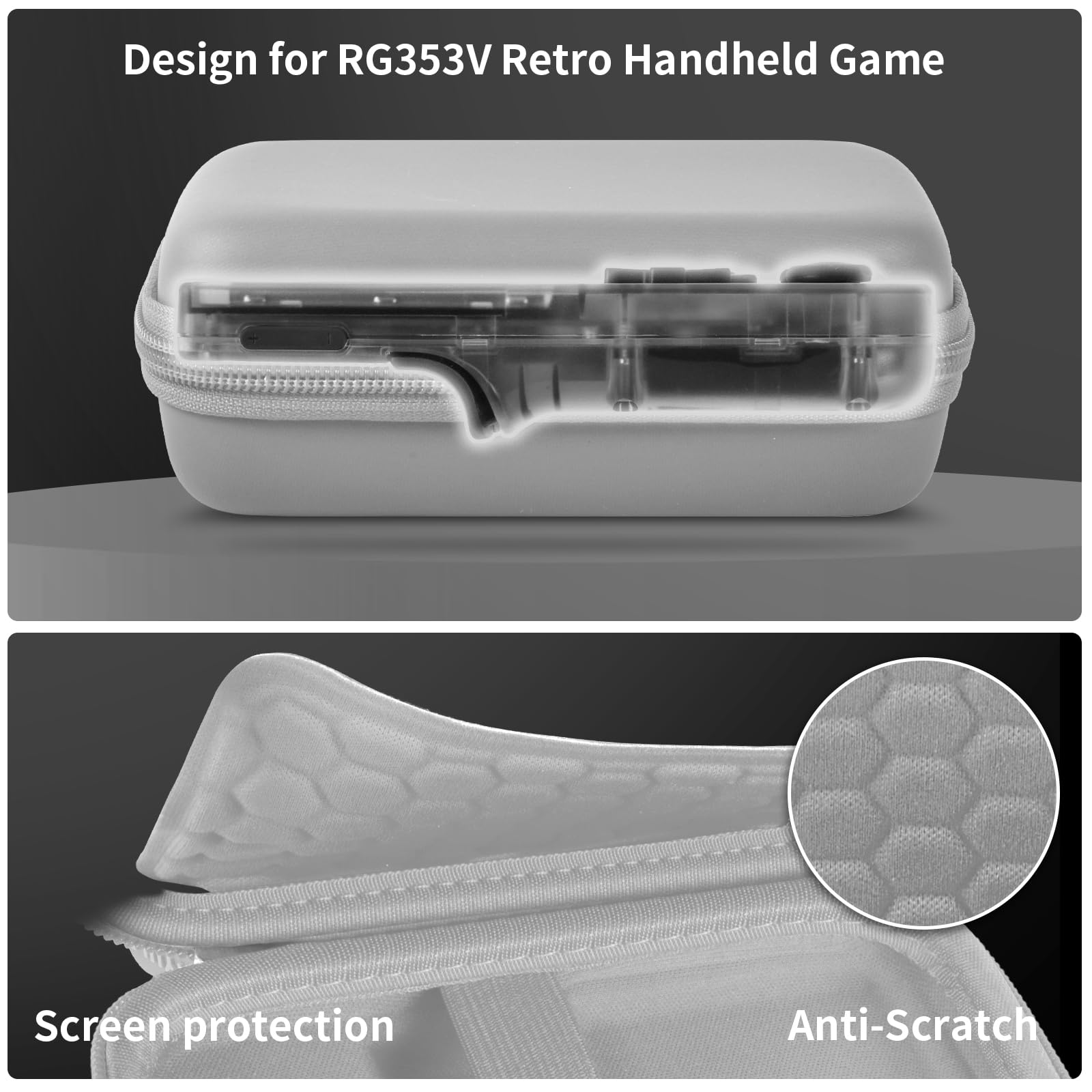 Gray retro handheld console carrying case protective molded shell and scratch-resistant lining detail