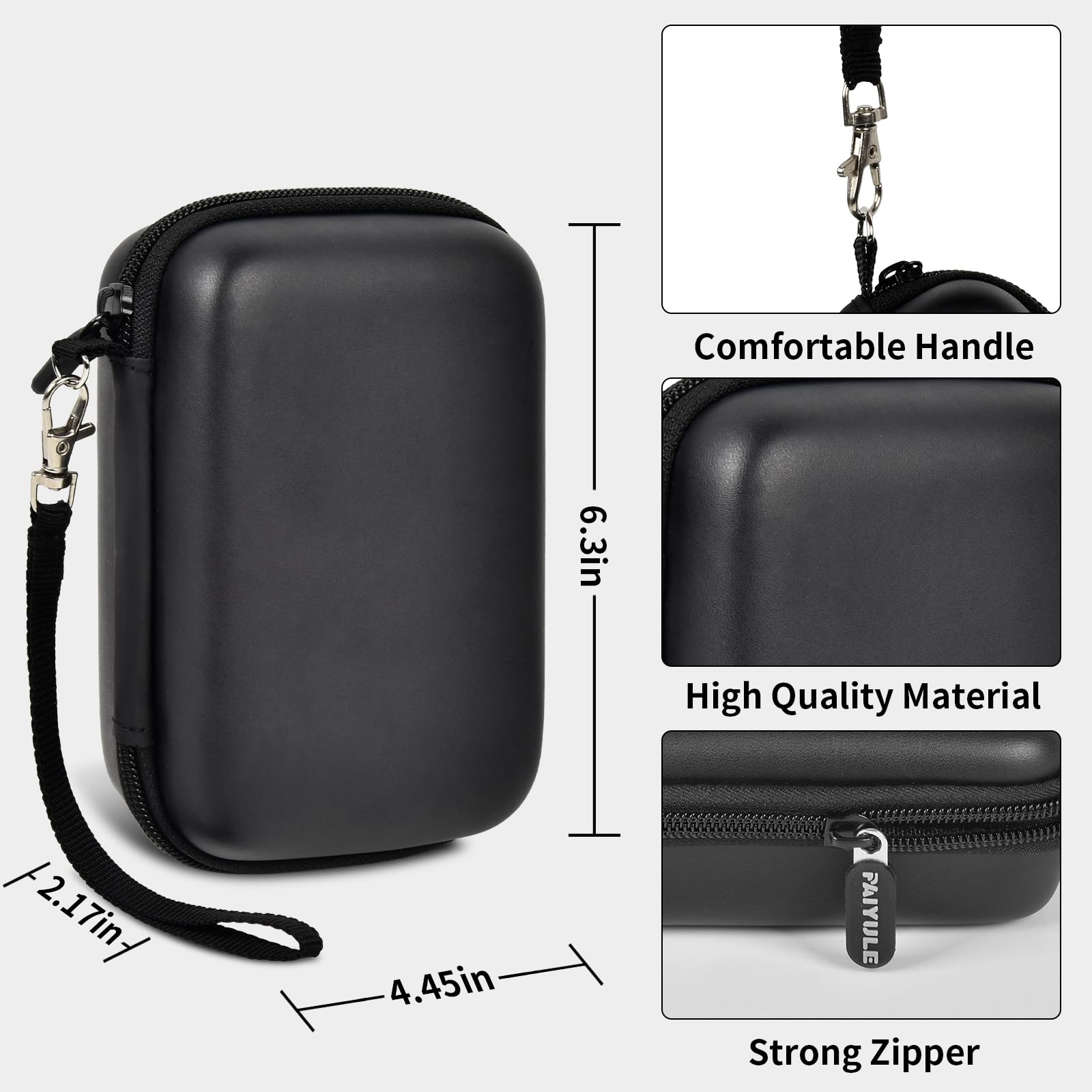 Black retro handheld console carrying case for RG40XX V dimensions, wrist strap, shell material and zipper overview