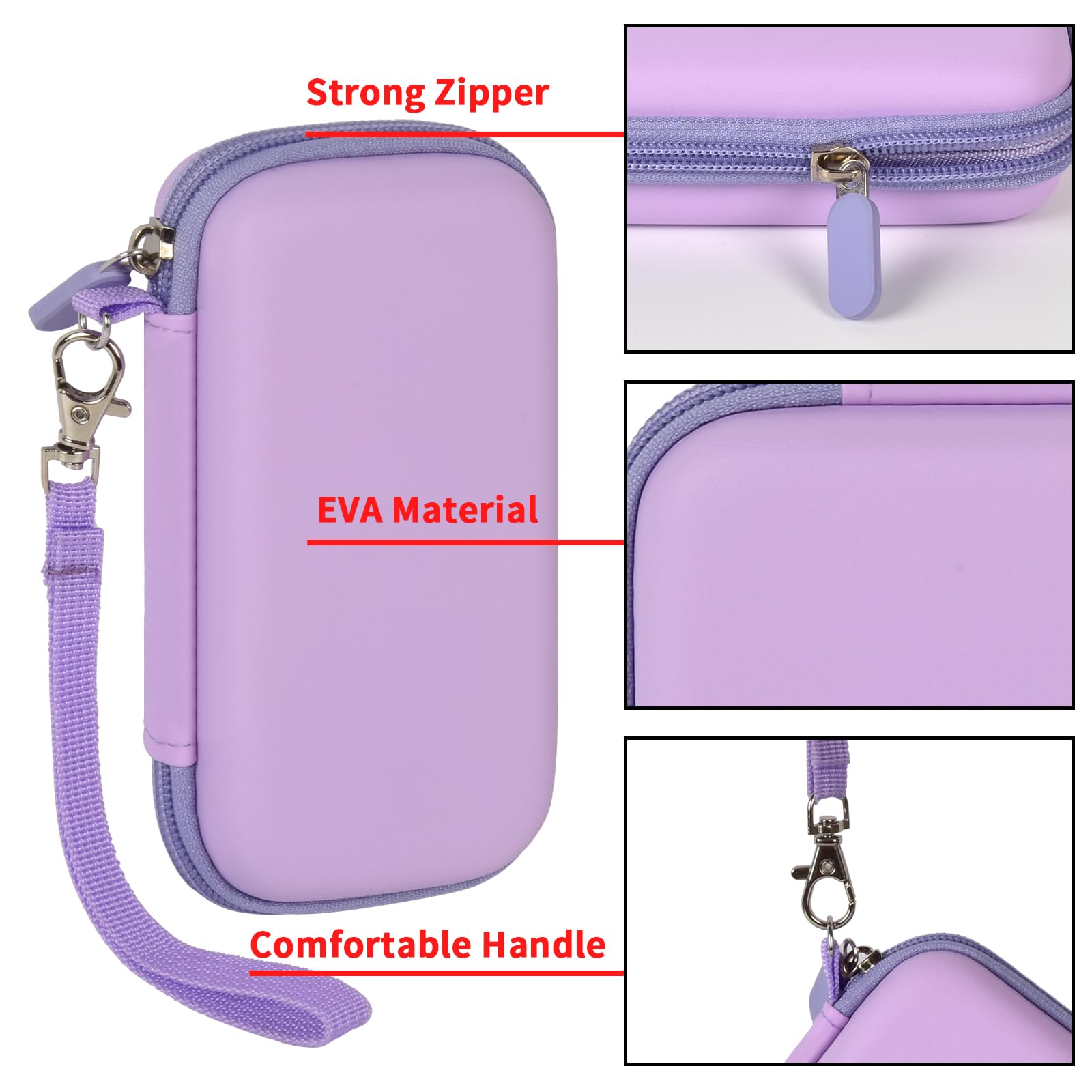 Purple EVA power bank case with strong zipper, protective shell, and comfortable wrist strap