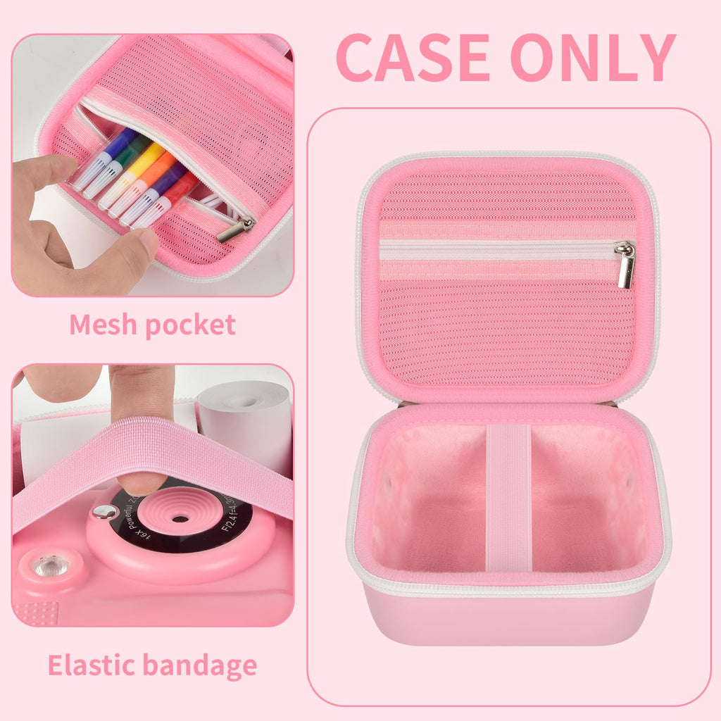 Pink bear-shaped kids instant print camera case open interior with mesh pocket and elastic strap