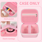 Pink bear-shaped kids instant print camera case open interior with mesh pocket and elastic strap