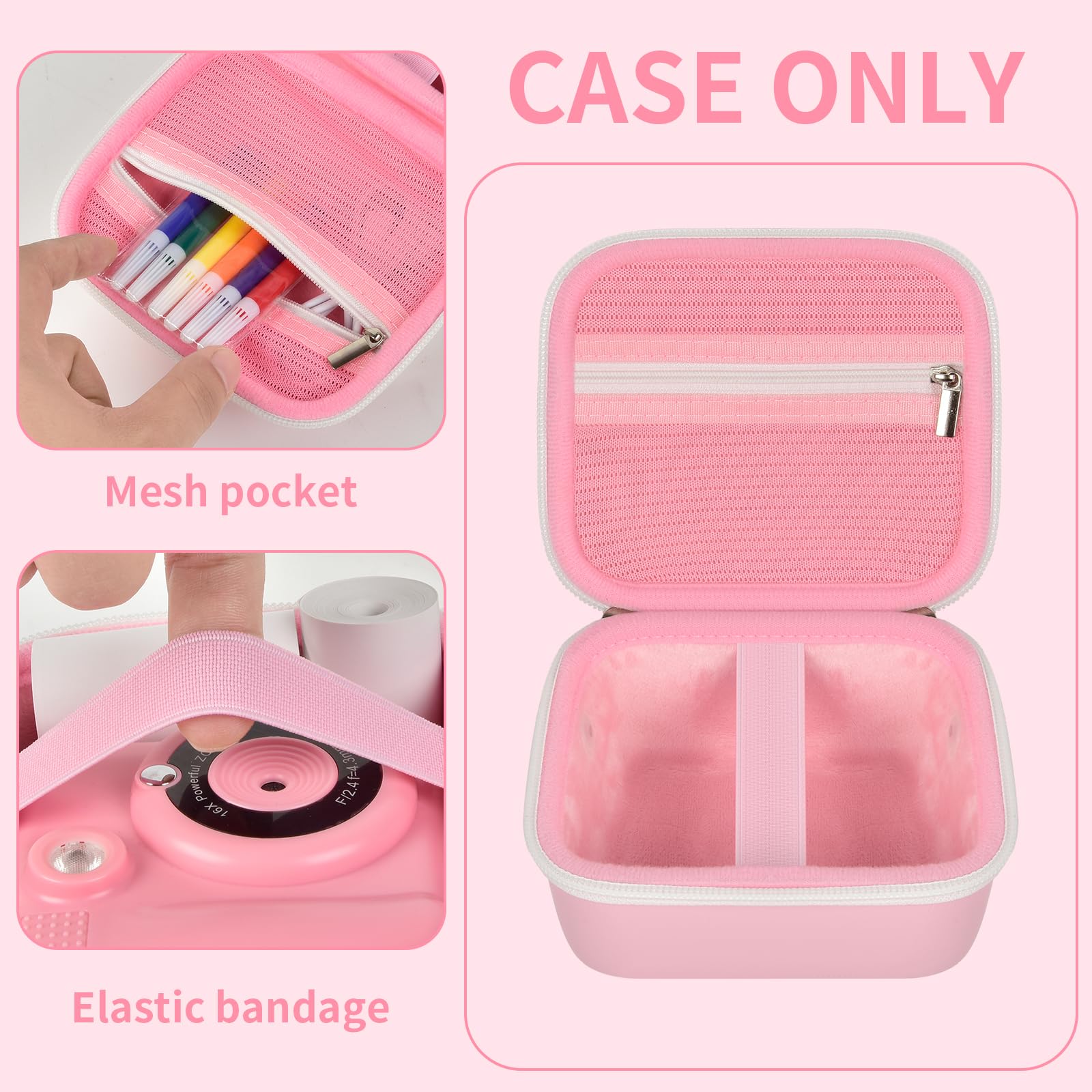 Pink bear-shaped kids instant print camera case open interior with mesh pocket and elastic strap